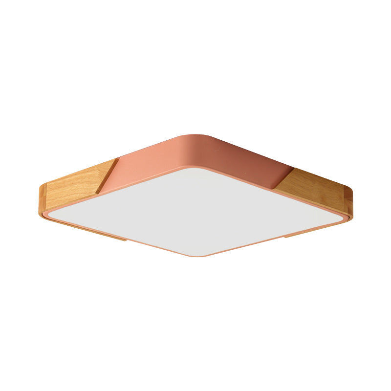 Kids Bedroom Ceiling Light - Nordic Green Square Flush Mount with Wood and Acrylic Shade
