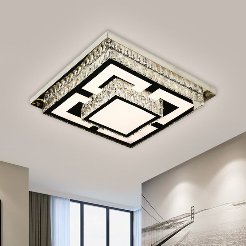 Simplicity LED Flush Mount Nickel Ceiling Light with Crystal Block Shade