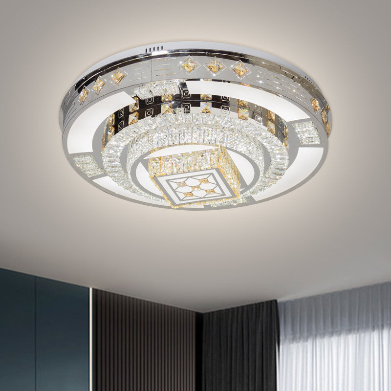 Modern Chrome LED Round Flush Mount Crystal Ceiling Light in Warm/White, 19.5"/31.5" Wide