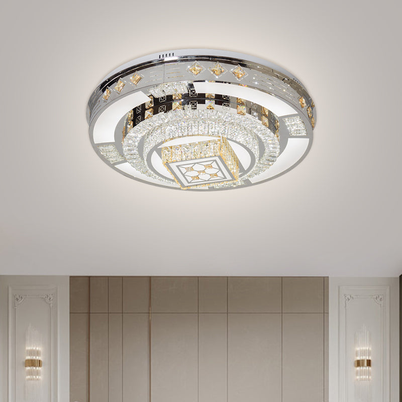 Modern Chrome LED Round Flush Mount Crystal Ceiling Light in Warm/White, 19.5"/31.5" Wide