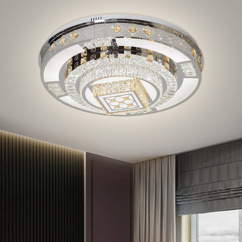Modern Chrome LED Round Flush Mount Crystal Ceiling Light in Warm/White, 19.5"/31.5" Wide