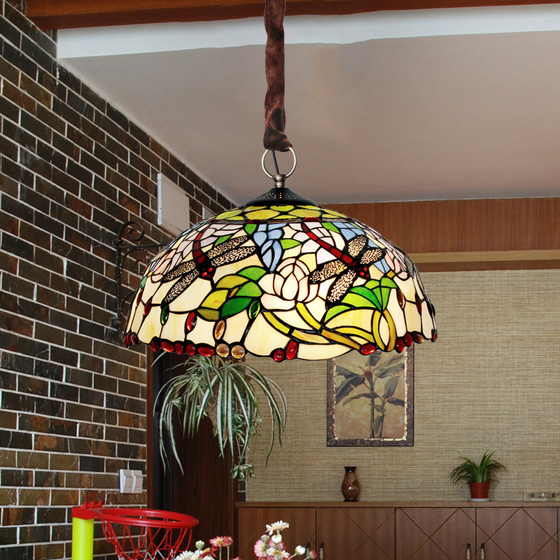 Traditional White Dragonfly and Floral Chandelier - Stained Glass 3-Bulb Downlight with Beaded Deco