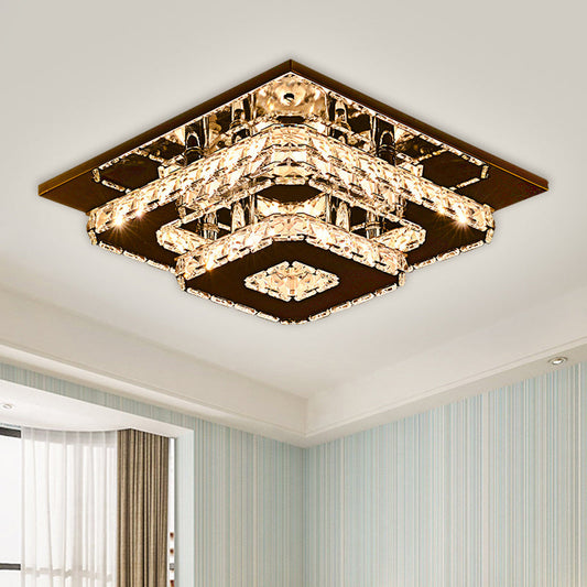 Contemporary 2-Tier Crystal Ceiling Fixture - 12"/26.5" Wide Stainless-Steel LED Flush Mount Lighting
