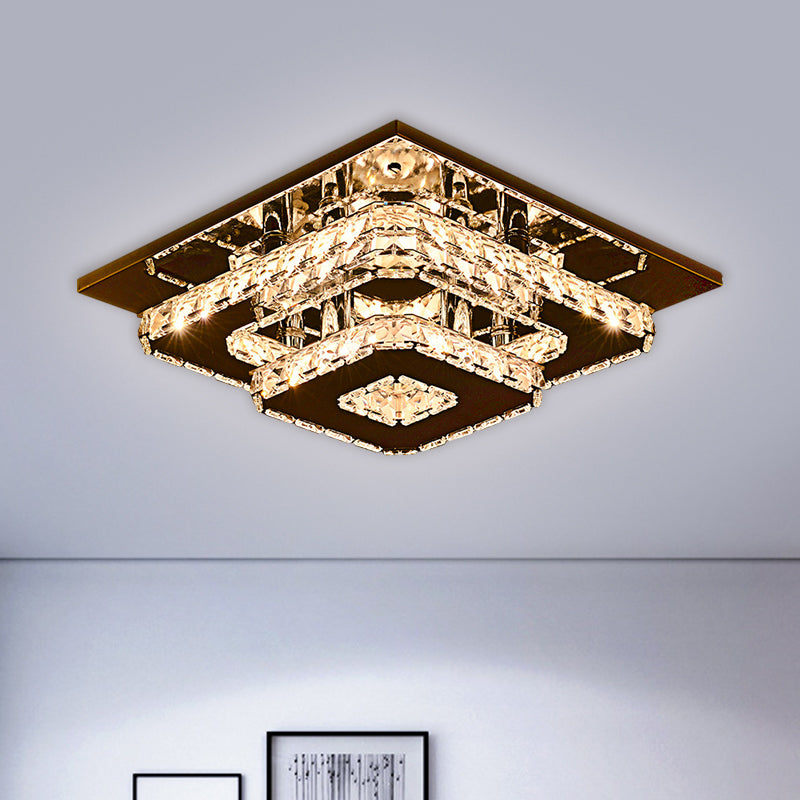 Plafonnier contemporain en cristal à 2 niveaux - Éclairage encastré à LED en acier inoxydable de 12"/26,5" de large
