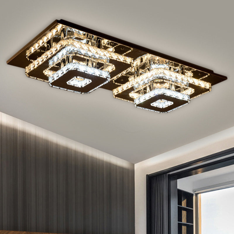 Plafonnier contemporain en cristal à 2 niveaux - Éclairage encastré à LED en acier inoxydable de 12"/26,5" de large