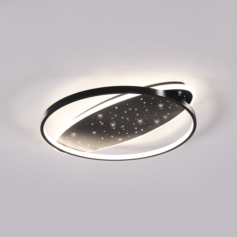 Modern LED Flush Ceiling Light in Black with Metallic Oval and Circular Design