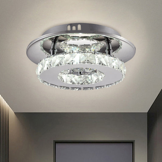 Beveled Crystal Loop Flush Mount Ceiling Light - Modern 8"/12" Width - Stainless-Steel LED Fixture