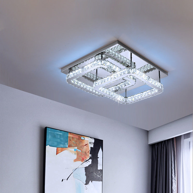 Modern Crystal LED Ceiling Light in Warm/White - Square Cut Design, 19.5"/23.5" Width, Chrome Finish