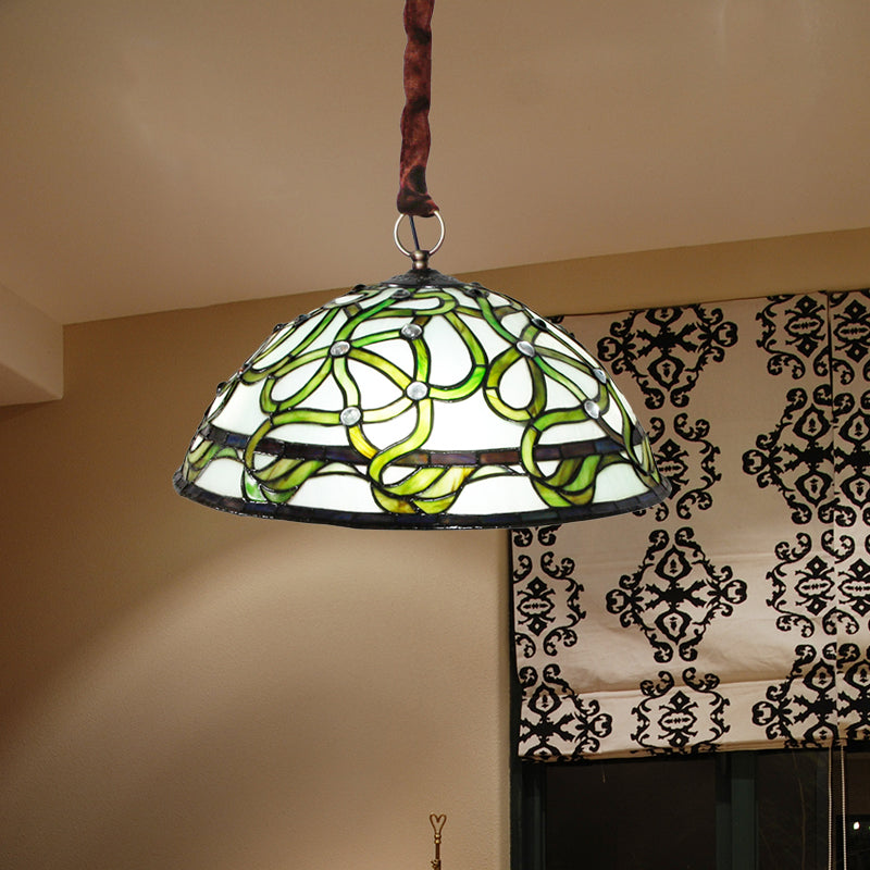 Lustre vintage en vitrail vert : élégant plafonnier à 3 lumières avec motif de vigne