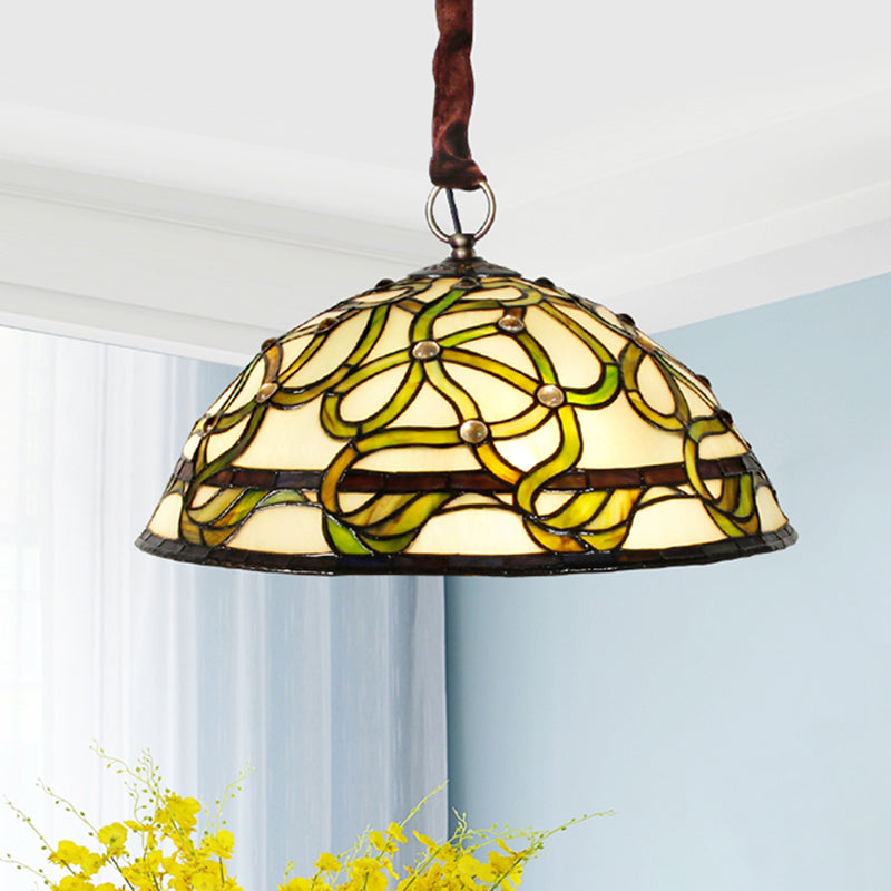Lustre vintage en vitrail vert : élégant plafonnier à 3 lumières avec motif de vigne