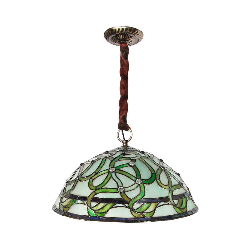Lustre vintage en vitrail vert : élégant plafonnier à 3 lumières avec motif de vigne