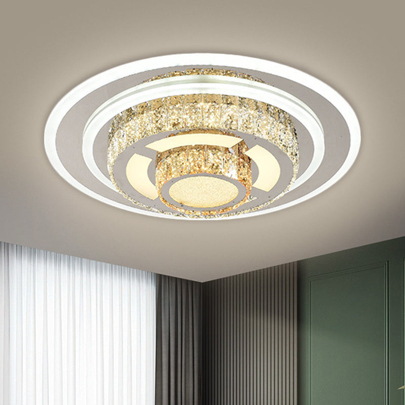 Contemporary Stainless-Steel LED Flush Mount Ceiling Lamp with Faceted Crystal, Perfect for Living Room