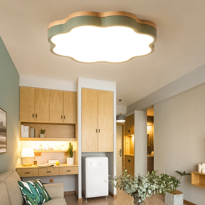 Kids Bedroom Wood LED Flush Mount Ceiling Light with Floral Shade