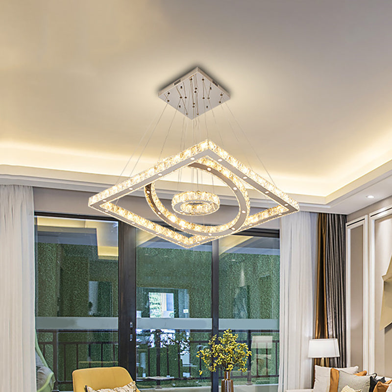 Lustre LED en acier inoxydable avec abat-jour en cristal - Plafonnier de salon moderne à lumière chaude/blanche