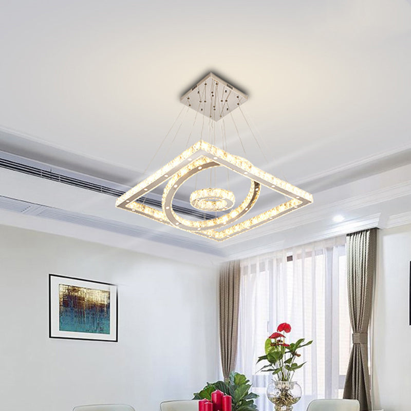 Lustre LED en acier inoxydable avec abat-jour en cristal - Plafonnier de salon moderne à lumière chaude/blanche