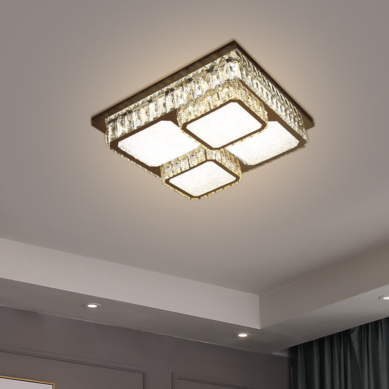 Crystal Square Flush Mount LED Lamp with Beveled Design in Warm/White Light, Chrome Finish