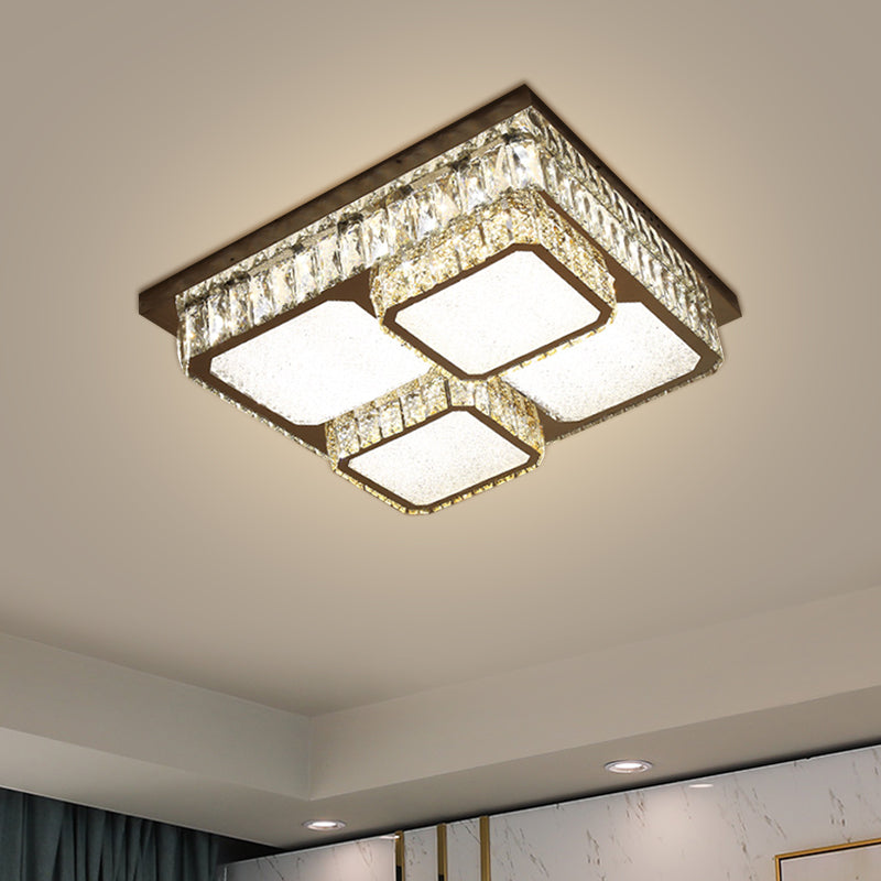Crystal Square Flush Mount LED Lamp with Beveled Design in Warm/White Light, Chrome Finish