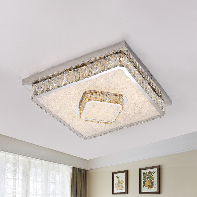 Crystal Square Flush Mount LED Lamp with Beveled Design in Warm/White Light, Chrome Finish