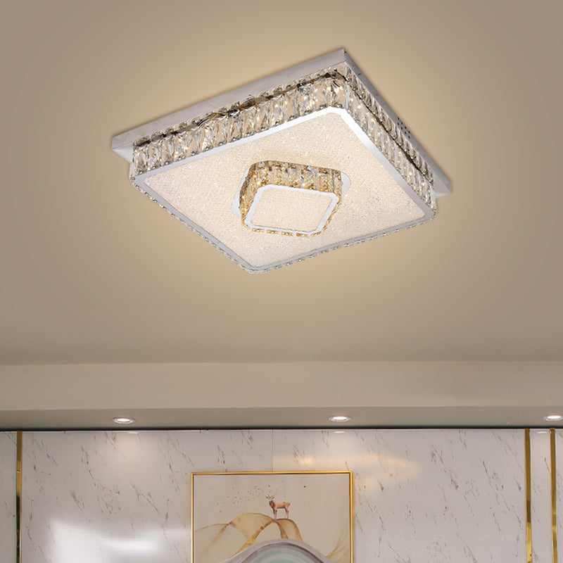 Crystal Square Flush Mount LED Lamp with Beveled Design in Warm/White Light, Chrome Finish