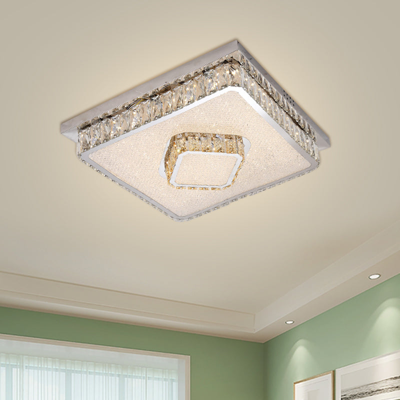 Crystal Square Flush Mount LED Lamp with Beveled Design in Warm/White Light, Chrome Finish