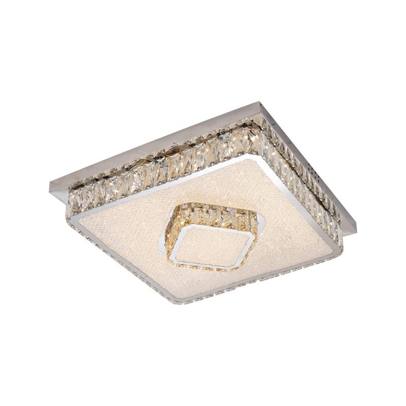 Crystal Square Flush Mount LED Lamp with Beveled Design in Warm/White Light, Chrome Finish