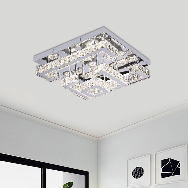 LED Guest Room Ceiling Lamp - Minimalist Chrome Semi Flush with Tiered Square Crystal Shade