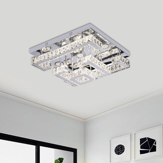 LED Guest Room Ceiling Lamp - Minimalist Chrome Semi Flush with Tiered Square Crystal Shade
