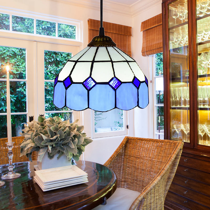 Lampe à suspension de style Tiffany fabriquée à la main - Vert/Bleu clair/Bleu foncé