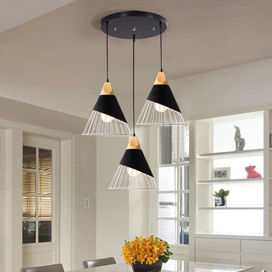 Modern Metal Pendant Light with 3 Cone Cage Shades - Black/White Finish, Suspended Lamp