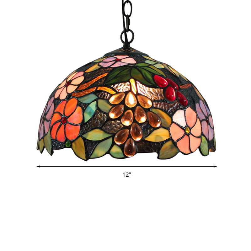Plafonnier à fleurs victoriennes - Lampe suspendue en verre d'art fabriquée à la main, noir, 1 ampoule, 12"/16" de large