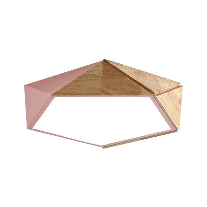 Macron Style Pentagon Study Room Ceiling Lamp in Green/Pink/Yellow - Acrylic & Wood, LED Ceiling Mount Light - 16.5"/20.5" Wide