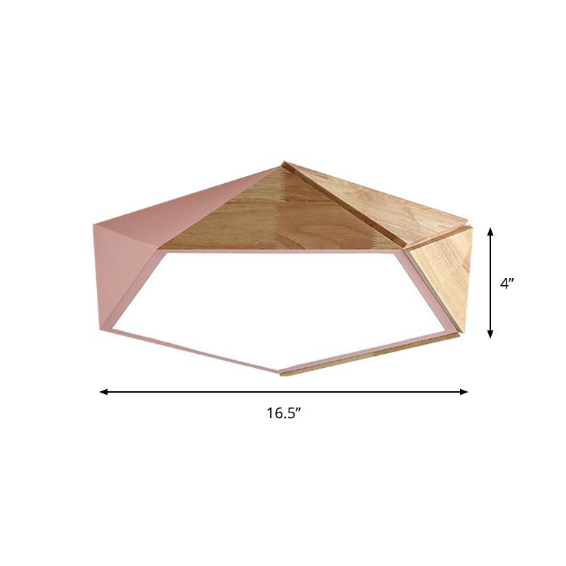 Macron Style Pentagon Study Room Ceiling Lamp in Green/Pink/Yellow - Acrylic & Wood, LED Ceiling Mount Light - 16.5"/20.5" Wide