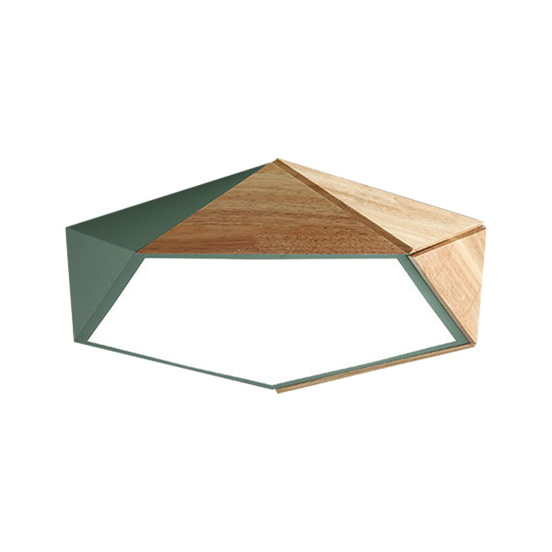 Macron Style Pentagon Study Room Ceiling Lamp in Green/Pink/Yellow - Acrylic & Wood, LED Ceiling Mount Light - 16.5"/20.5" Wide