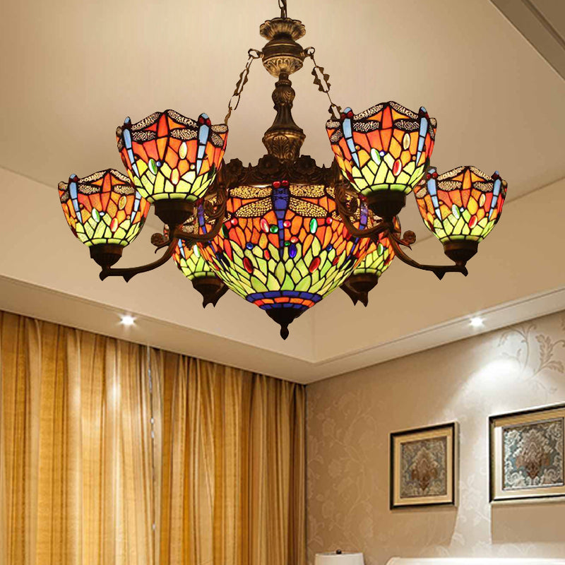 Lustre style Tiffany libellule avec abat-jour en verre teinté pour salon