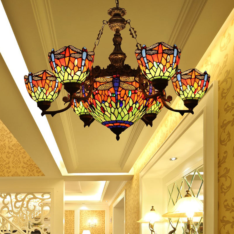 Lustre style Tiffany libellule avec abat-jour en verre teinté pour salon
