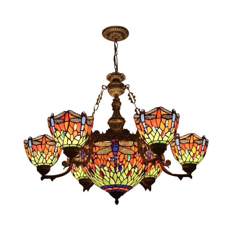 Lustre style Tiffany libellule avec abat-jour en verre teinté pour salon