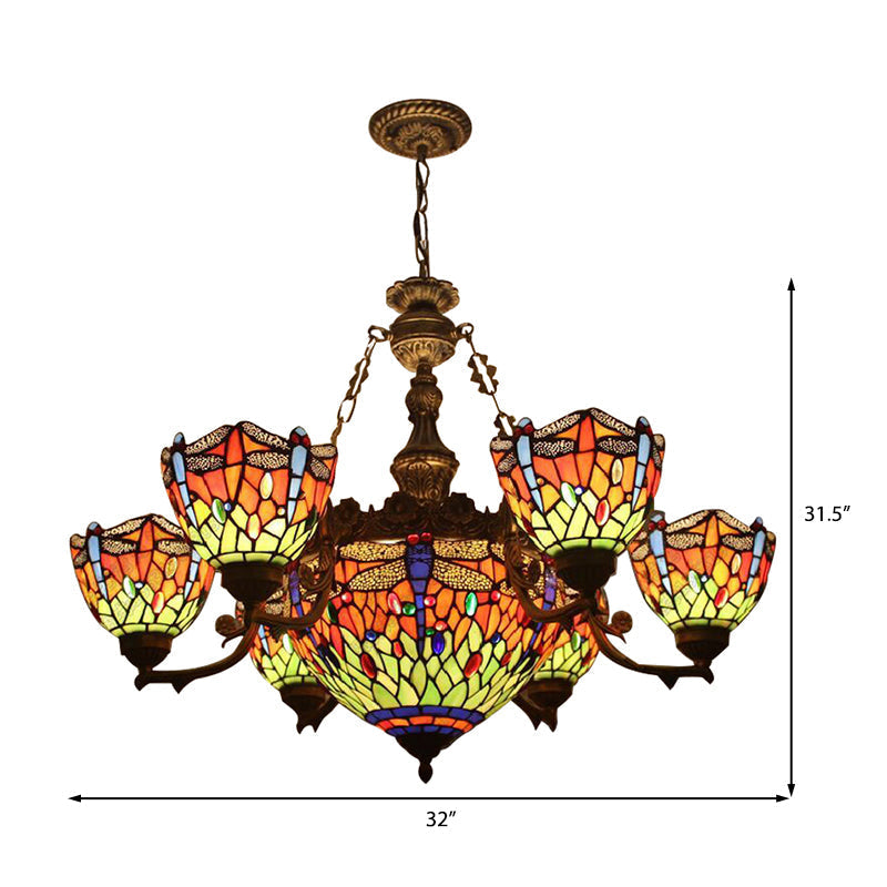 Lustre style Tiffany libellule avec abat-jour en verre teinté pour salon