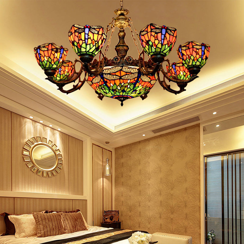 Lustre style Tiffany libellule avec abat-jour en verre teinté pour salon