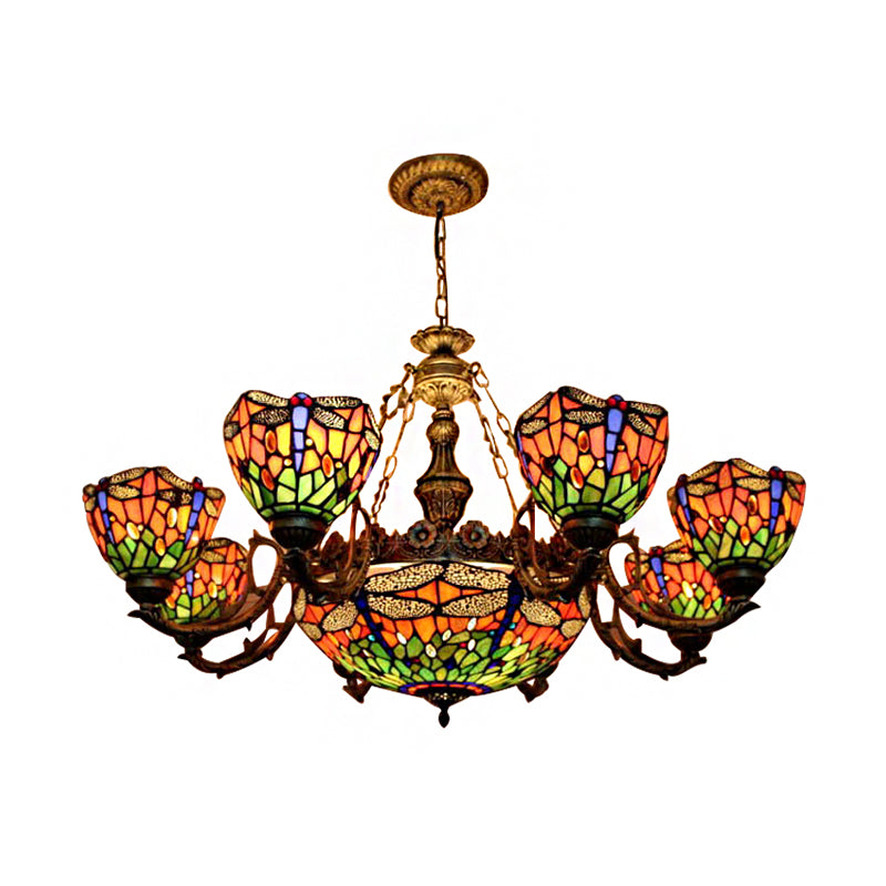 Lustre style Tiffany libellule avec abat-jour en verre teinté pour salon