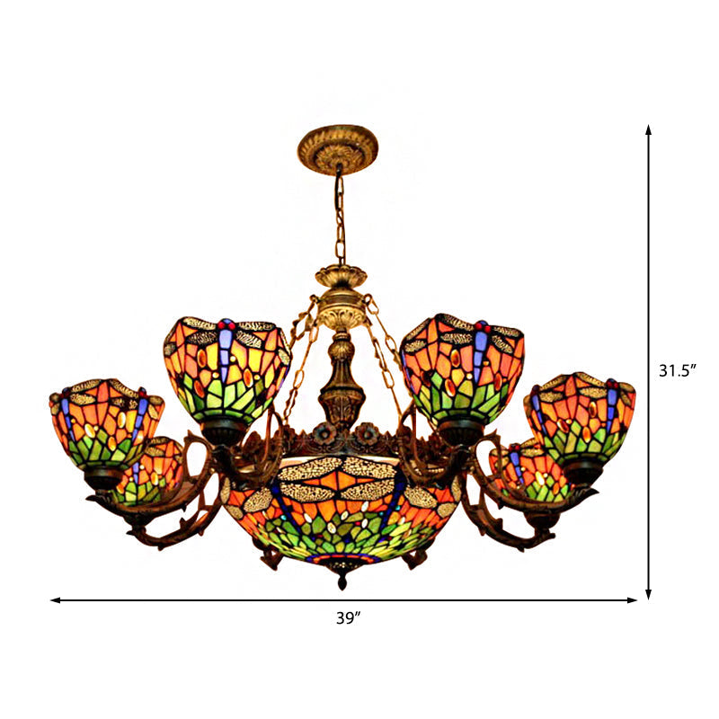 Lustre style Tiffany libellule avec abat-jour en verre teinté pour salon