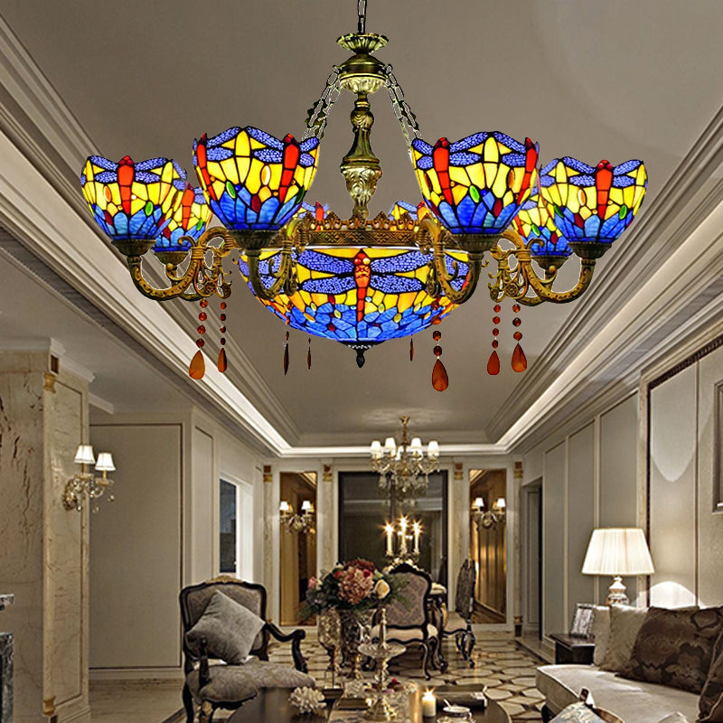 Lustre en vitrail libellule avec décor en cristal ambré pour salon