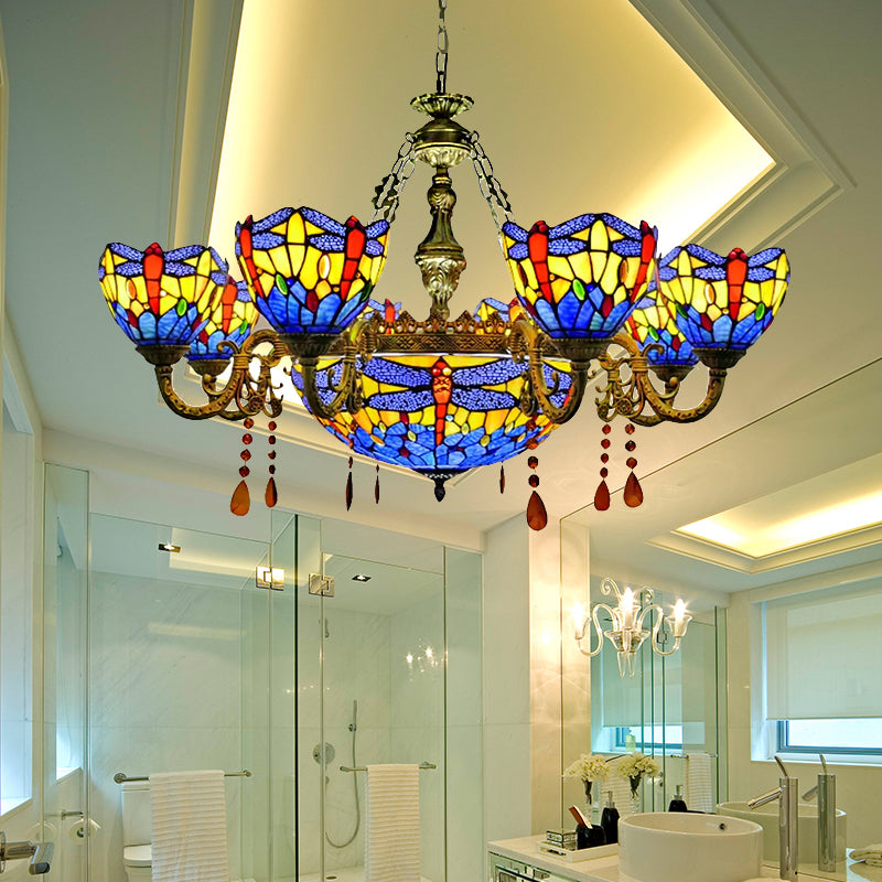 Lustre en vitrail libellule avec décor en cristal ambré pour salon