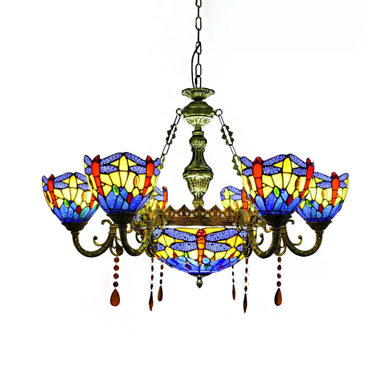 Lustre en vitrail libellule avec décor en cristal ambré pour salon