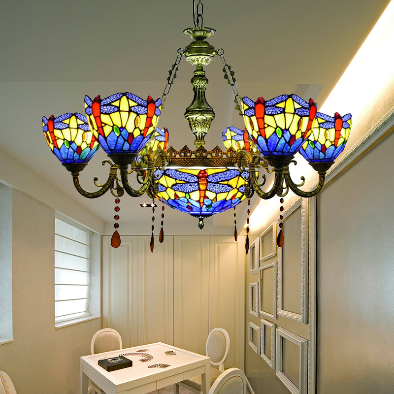 Lustre en vitrail libellule avec décor en cristal ambré pour salon