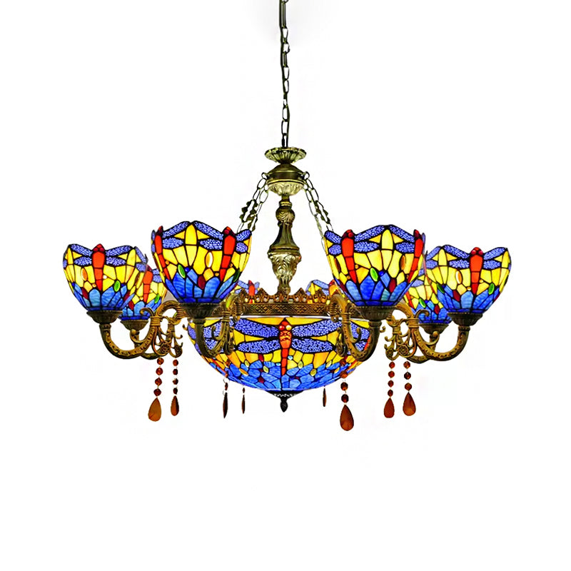 Lustre en vitrail libellule avec décor en cristal ambré pour salon