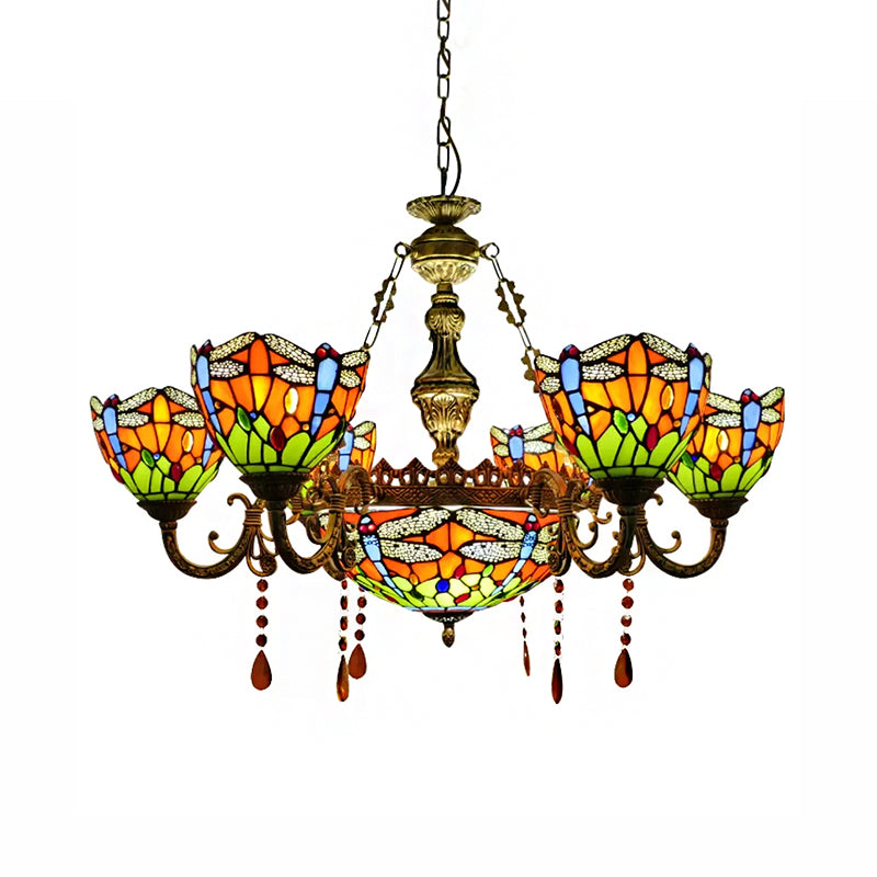 Lustre en vitrail libellule avec décor en cristal ambré pour salon