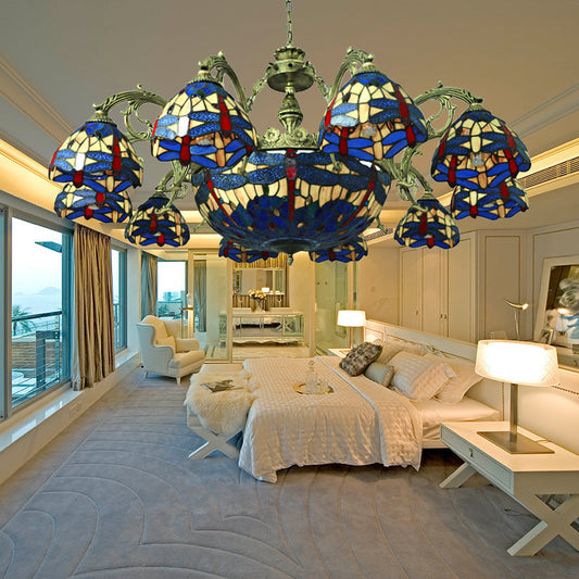 Dragonfly Chandelier with 11 Lights and Stained Glass Shade - Perfect for Living Room
