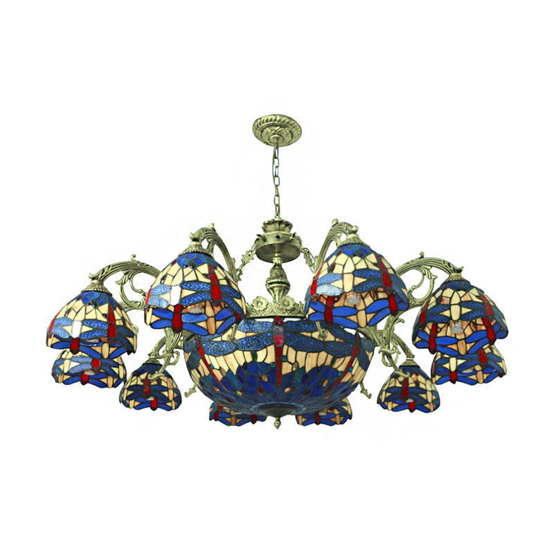 Lustre Libellule à 11 lumières et abat-jour en verre teinté - Parfait pour le salon