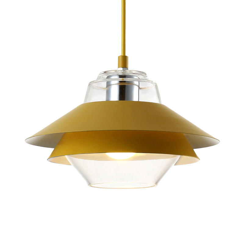 Macaron Stylish Flared Pendant Light: Gray/Yellow | Metal Lamp With Clear Glass Shade