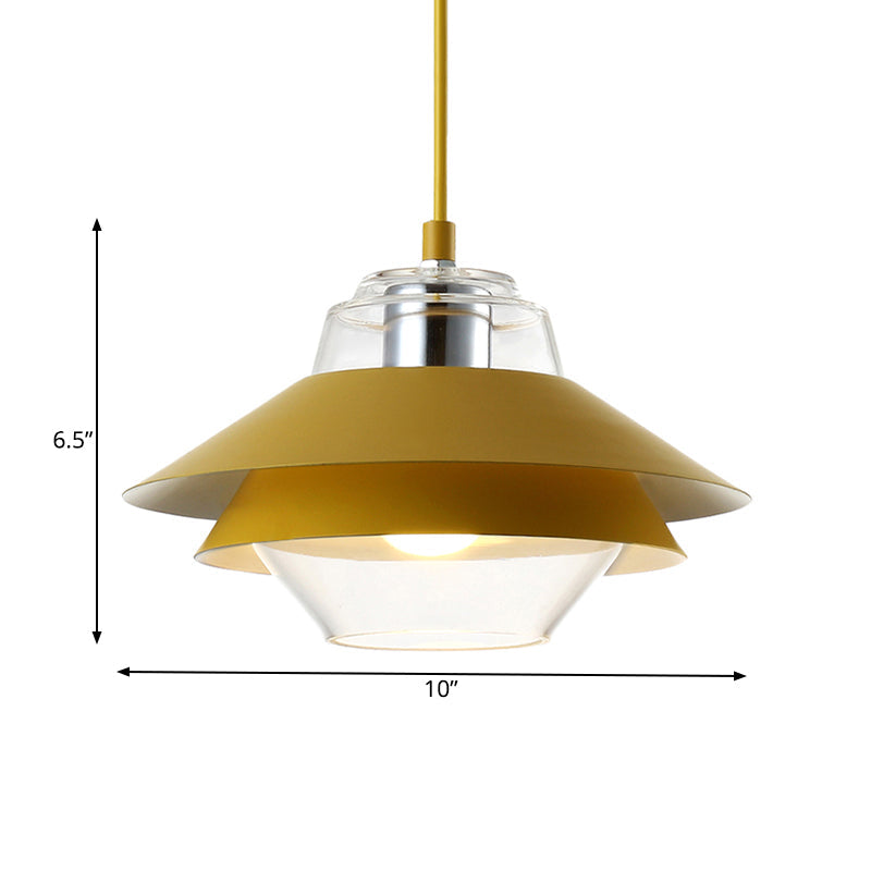 Macaron Stylish Flared Pendant Light: Gray/Yellow | Metal Lamp With Clear Glass Shade